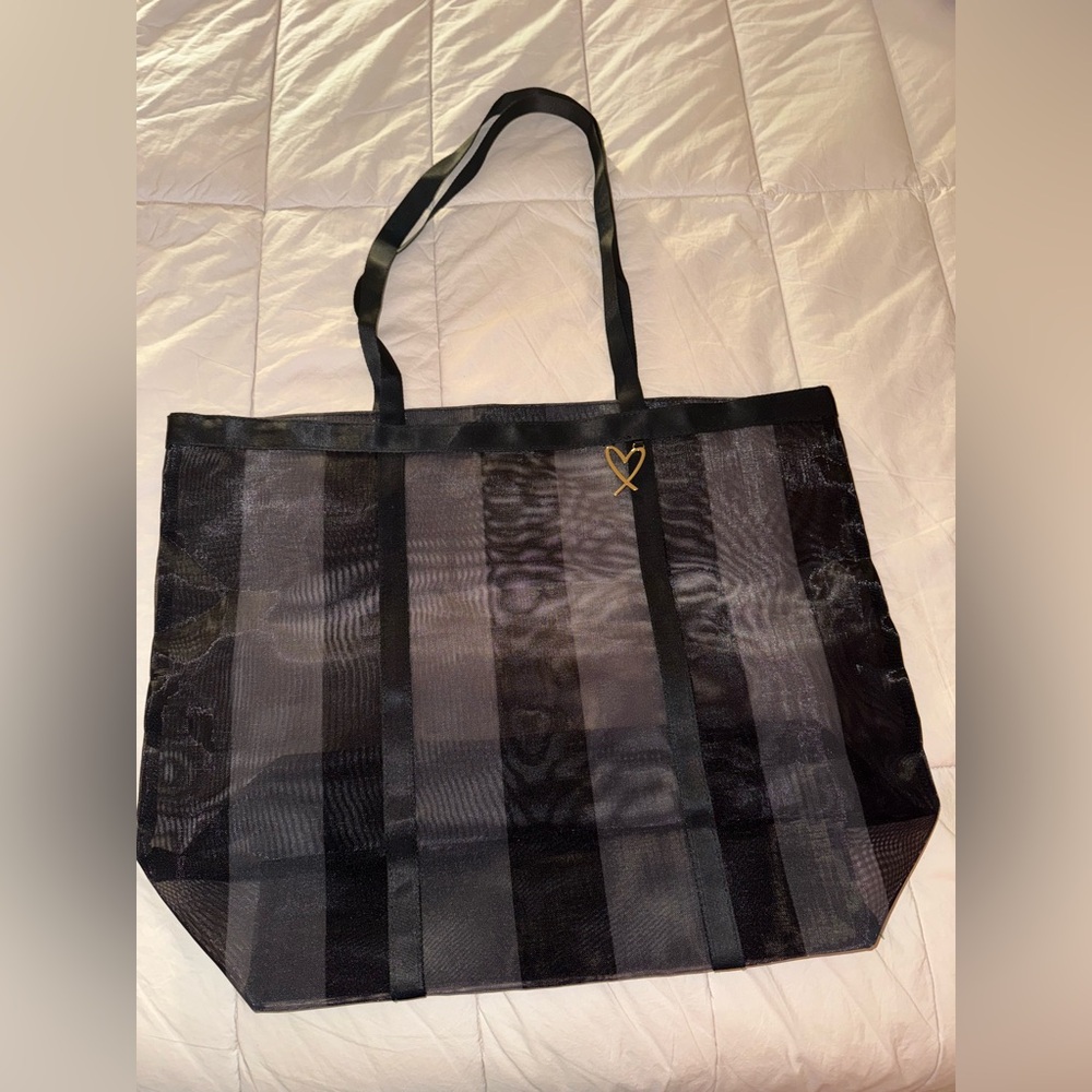 Victoria's Secret Black Mesh Tote with Gold Heart
